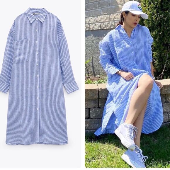 Zara 100% Linen Light Blue and White Striped Long Shirt Dress Size Small - Picture 6 of 6